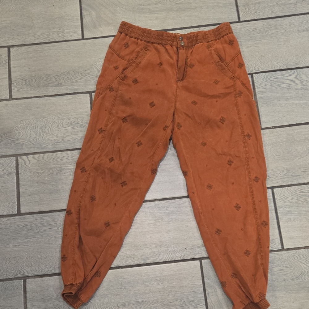 Anthropologie Rust Orange Embroidered Diamond Joggers Boho‎ Elastic Waist XS